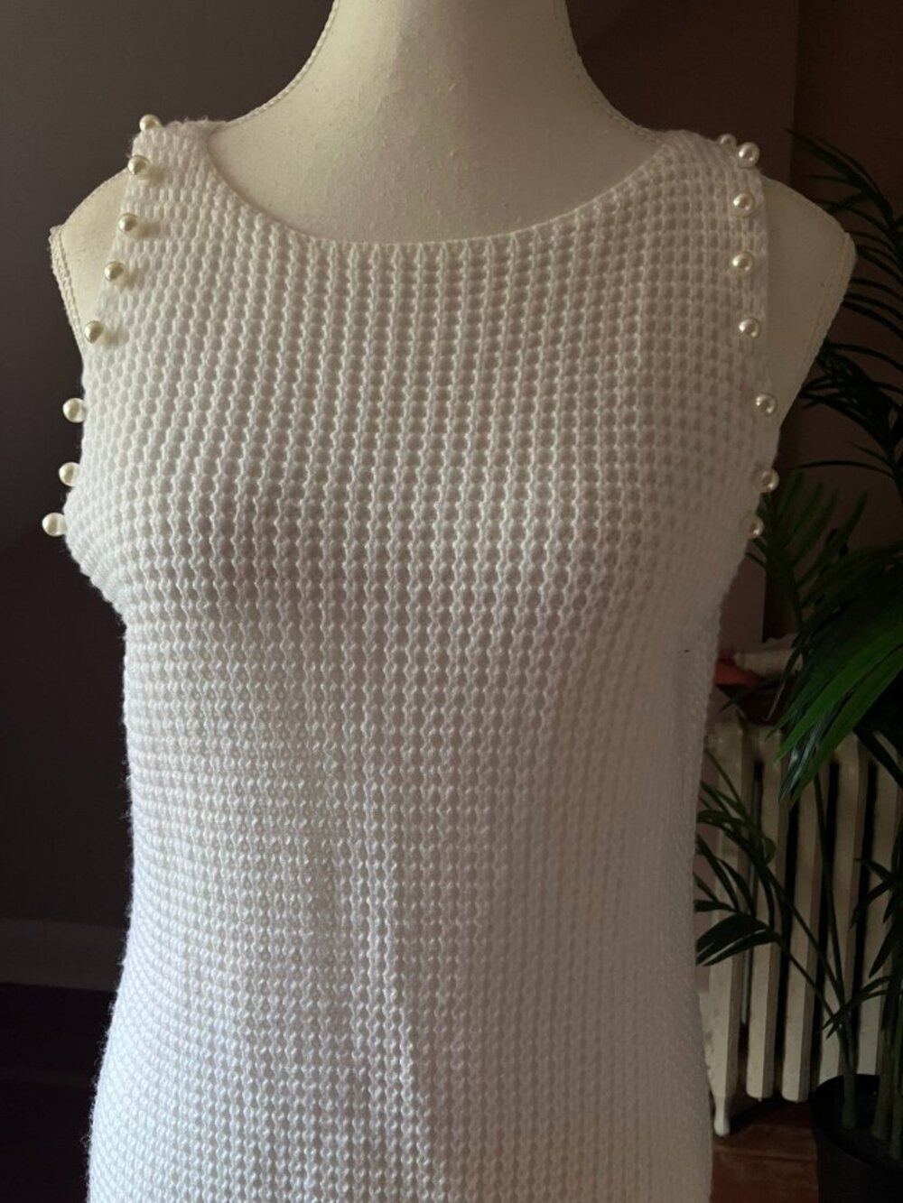 White loose cable knit fur trimmed maxi dress long sundress cover up summer - Picture 8 of 11